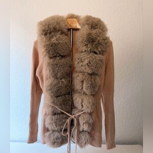 Elegant Tan Faux Fur-Trimmed Women's Sweater